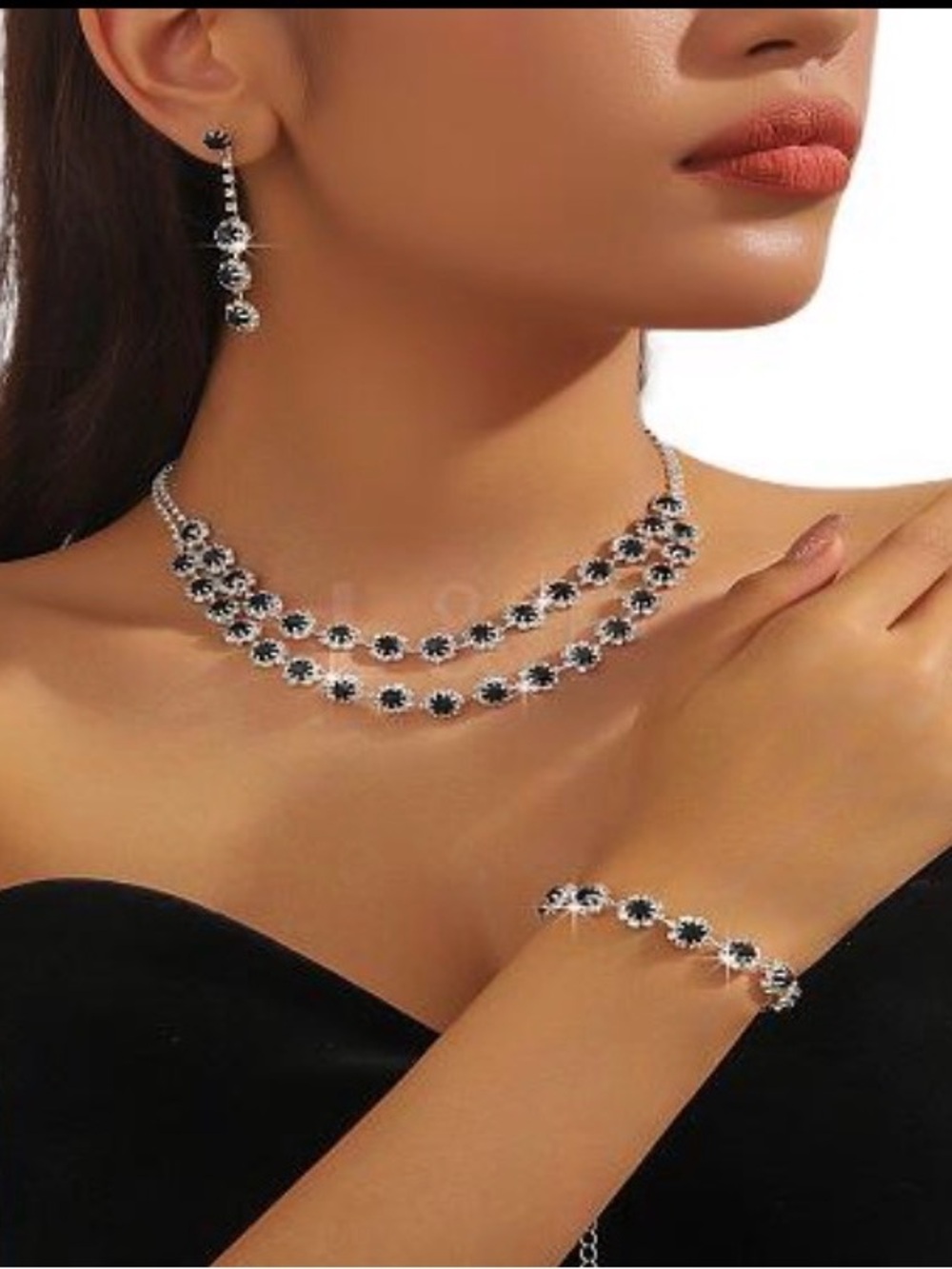 Silver and Black Floral Crystal Necklace Set - Elegant Two-Strand Design